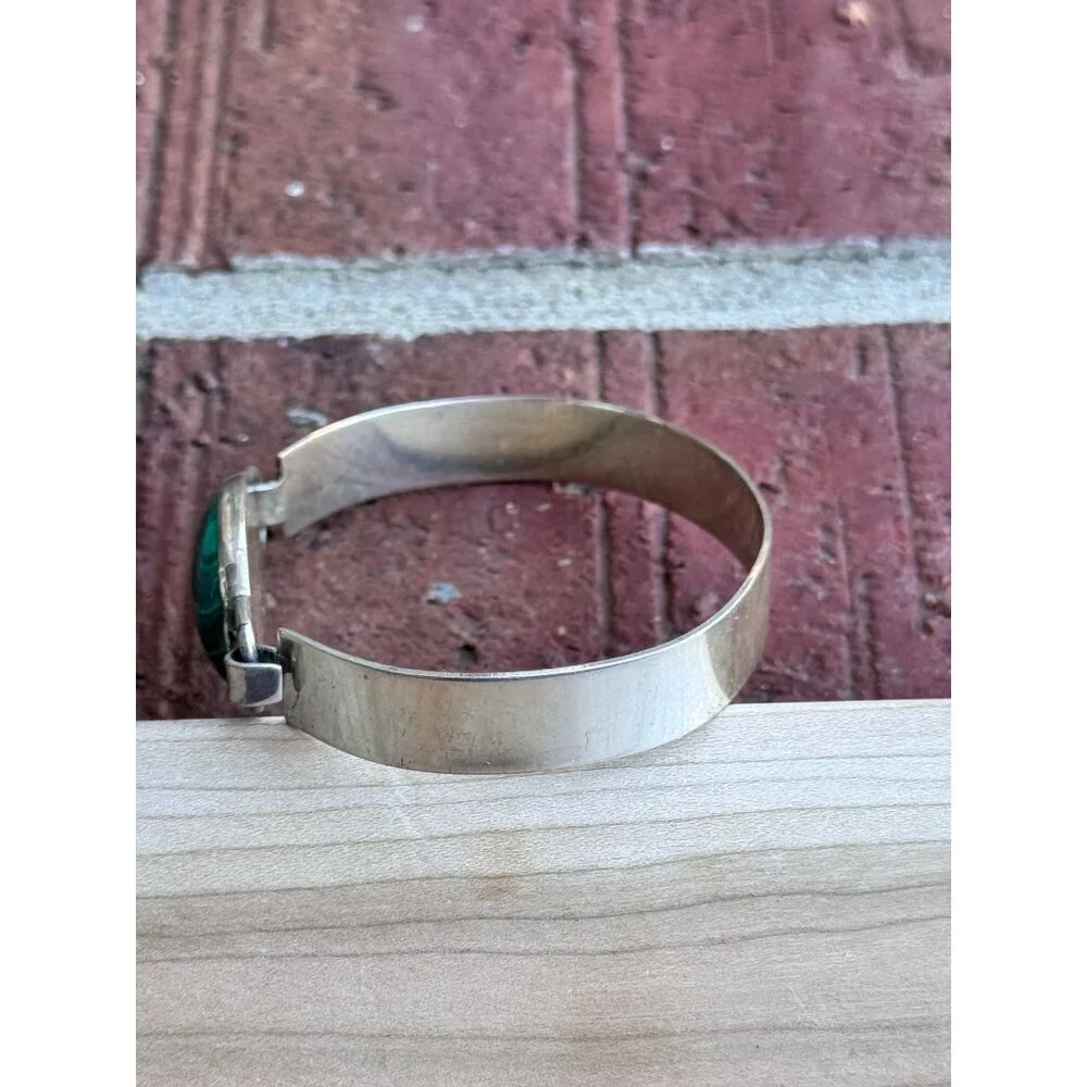 Sterling Silver Malachite Oval Bracelet 925 Vintage - Picture 4 of 7